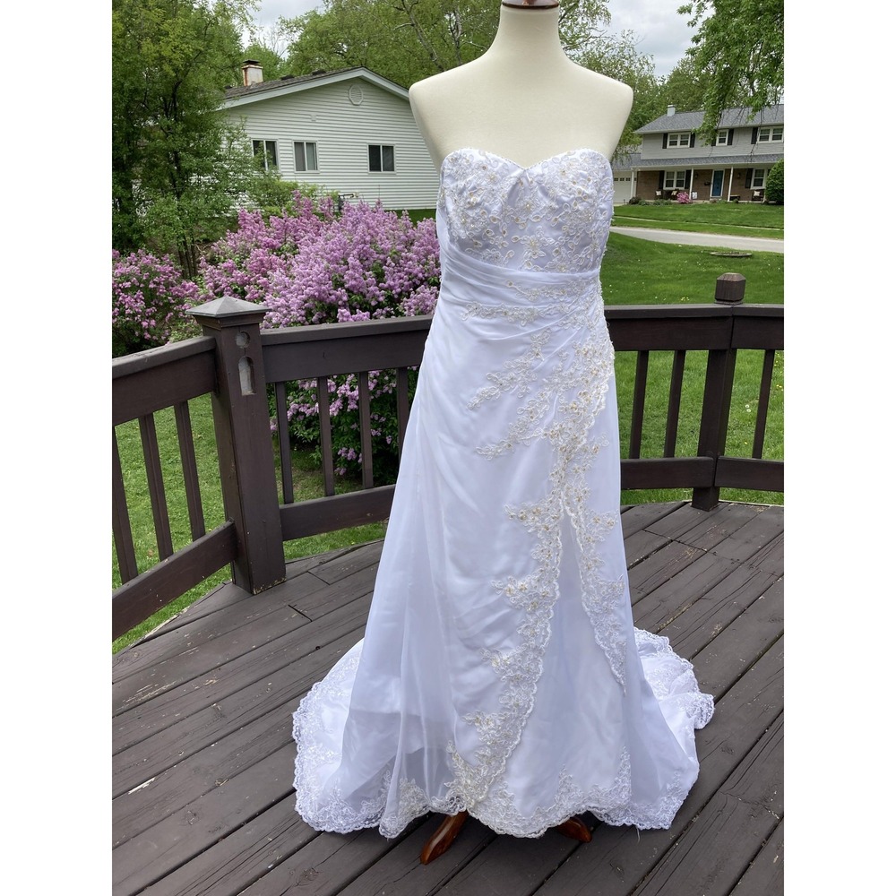 David's Bridal Wedding Dress Womens 14W Strapless Beaded Lace A-Line Train White